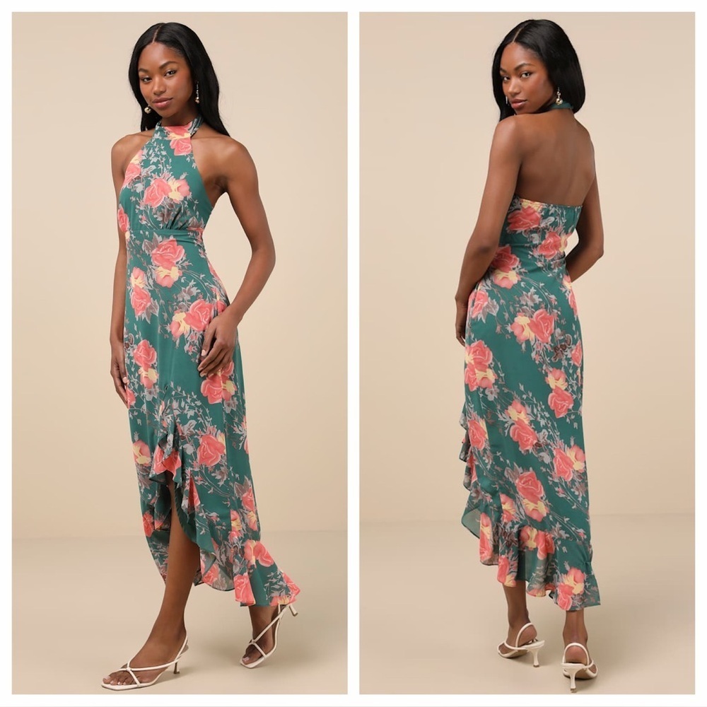 Lulus Elegant Entrance Teal Green Floral Print Halter Maxi Dress